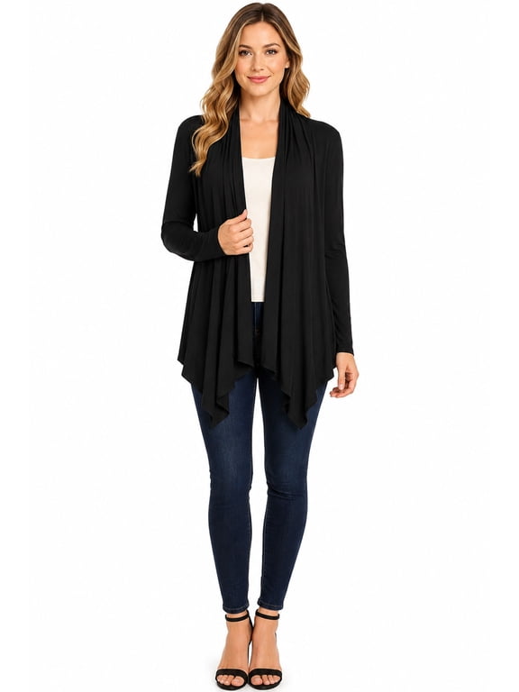 Women's Long Sleeve Draped Neck Open Front Waist Length Solid Cardigan