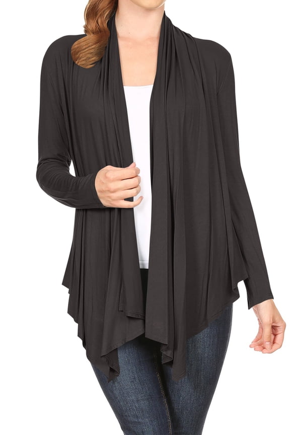 Women's Long Sleeve Draped Neck Open Front Waist Length Solid Cardigan Charcoal M