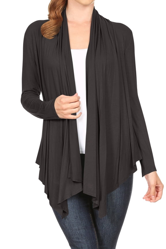 Moa Collection Women's Long Sleeve Draped Neck Open Front Waist Length Solid Cardigan