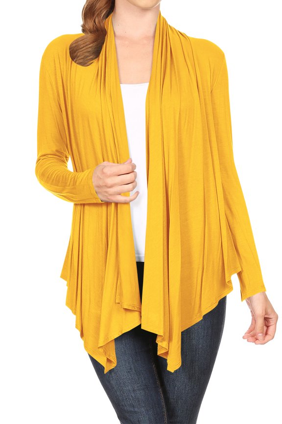 Women's Long Sleeve Draped Neck Open Front Waist Length Solid Cardigan