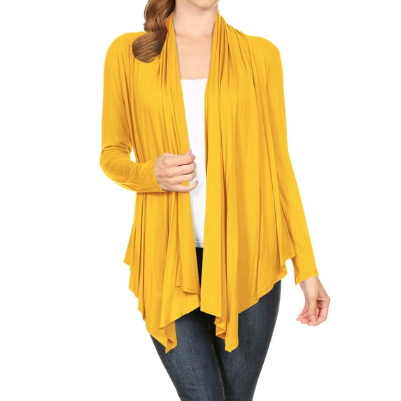 Moa Collection Women's Long Sleeve Draped Neck Open Front Waist Length Solid Cardigan