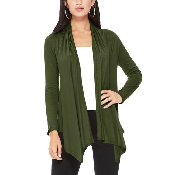 Moa Collection Women's Long Sleeve Relaxed Loose Fit Draped Neck Open Front Waist Length Solid Cardigan