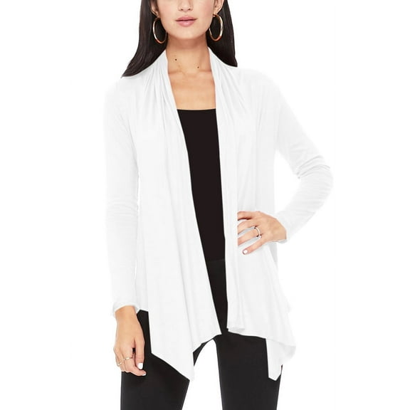 Moa Collection Women's Long Sleeve Relaxed Loose Fit Draped Neck Open Front Waist Length Solid Cardigan