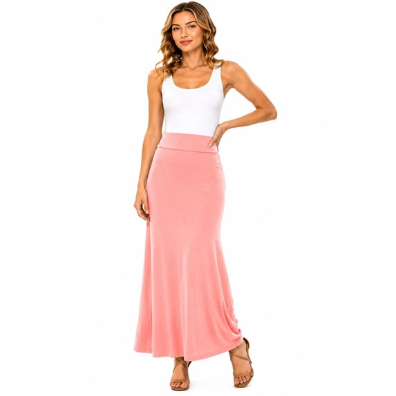 Women's Maxi Length High Waist Foldable Waistband Solid Skirt
