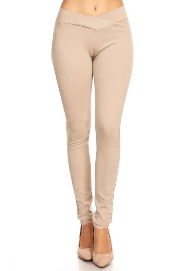 Women's Mid-Rise Seagull Shaped Skinny Ponte Pants with Elastic Waistband