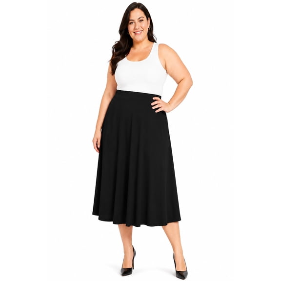 Women's Plus Size A-Line Casual Flared High Waist Elastic Band Solid Midi Skirt