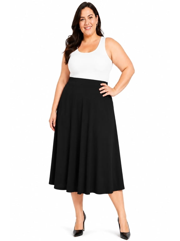 Women's Plus Size A-Line Casual Flared High Waist Elastic Band Solid Midi Skirt