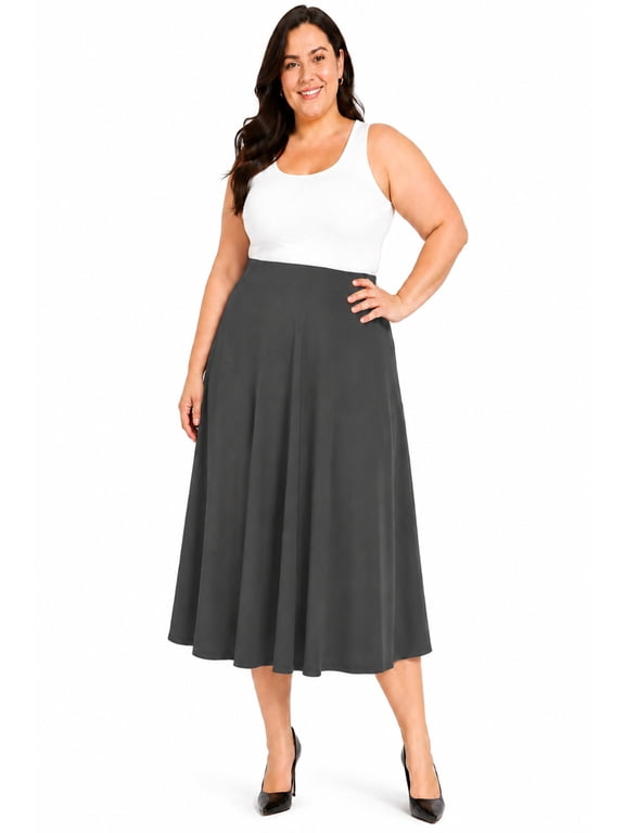 Women's Plus Size A-Line Casual Flared High Waist Elastic Band Solid Midi Skirt