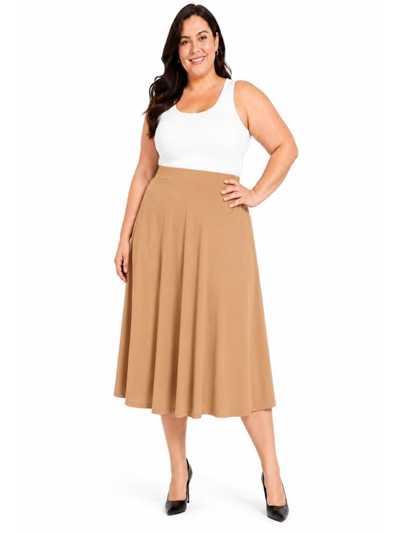 Women's Plus Size A-Line Casual Flared High Waist Elastic Band Solid Midi Skirt