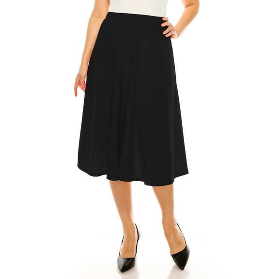 Moa Collection Women's Plus Size A-Line Casual Flared High Waist Elastic Band Solid Midi Skirt