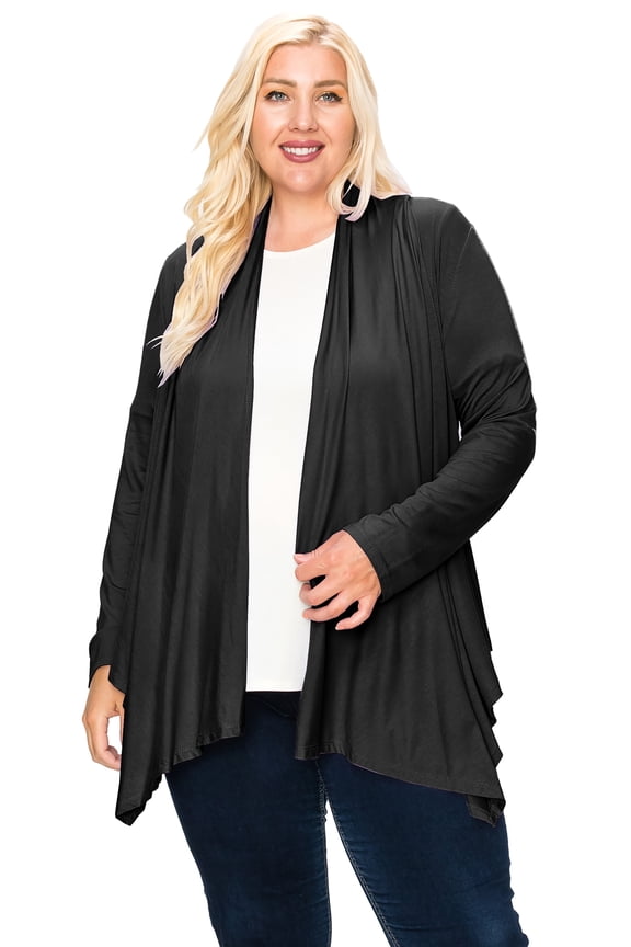 Moa Collection Women's Plus Size Casual Long Sleeve Drape Open Front Cardigan
