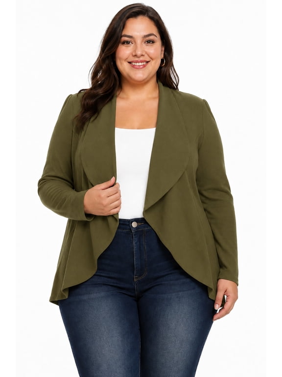 Women's Plus Size Casual Long Sleeves Open Front Solid Office Work Wear Blazer Jacket