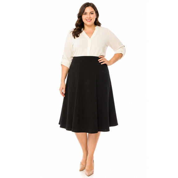 Moa Collection Women's Plus Size Classic Solid Flared Lightweight Elastic Waist Long Midi A-Line Skirt, Female