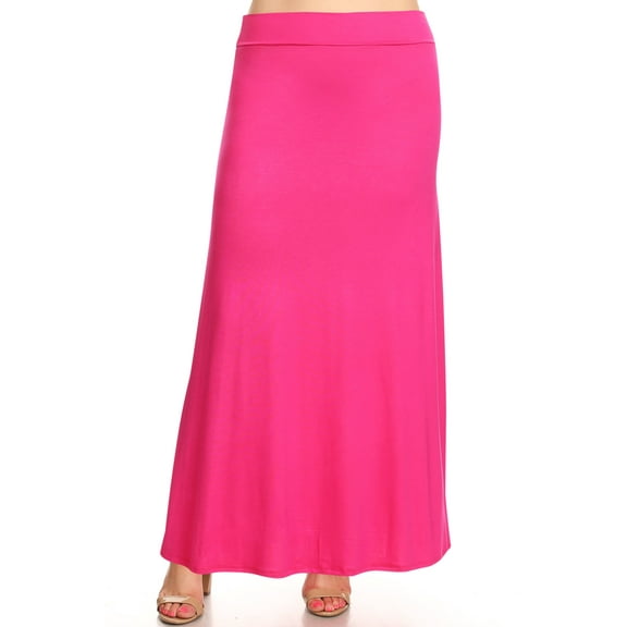 Moa Collection Women's Plus Size Elastic Band Foldable High Waist Relaxed Solid Long Maxi Skirt