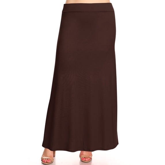 Moa Collection Women's Plus Size Elastic Band Foldable High Waist Relaxed Solid Long Maxi Skirt