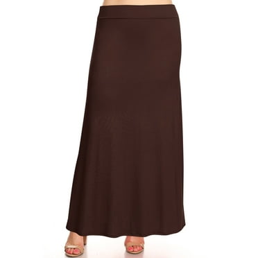 Moa Collection Women's Plus Size Elastic Band Foldable High Waist Relaxed Solid Long Maxi Skirt