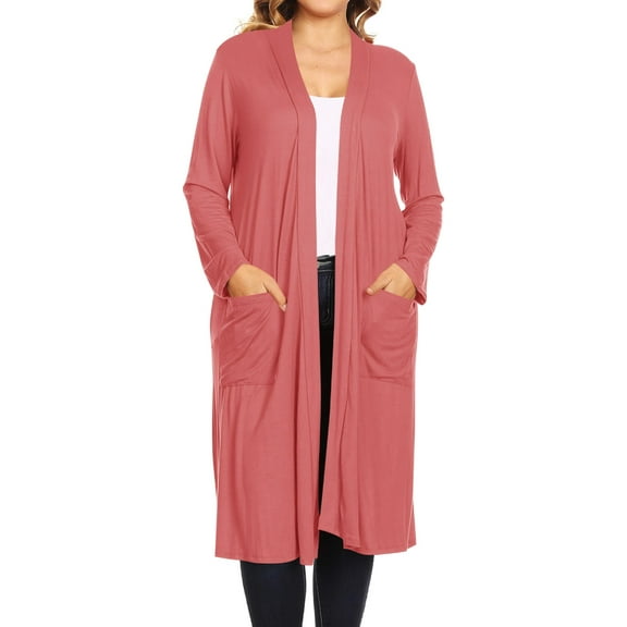 Moa Collection Women's Plus Size Long Sleeve Open Midi Cardigan, Female