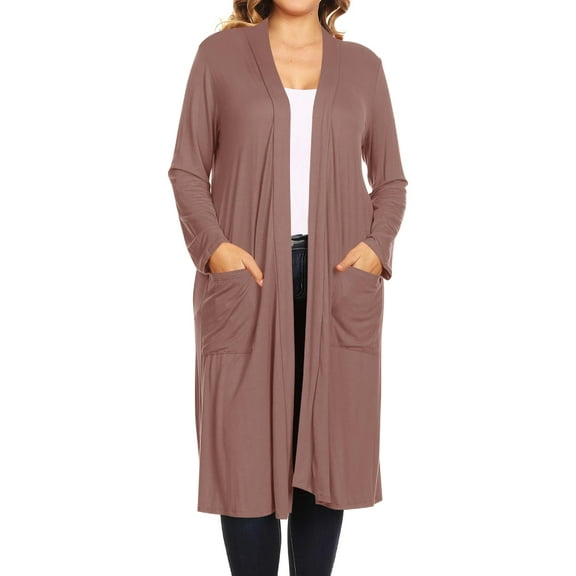 Moa Collection Women's Plus Size Long Sleeve Open Midi Cardigan, Female