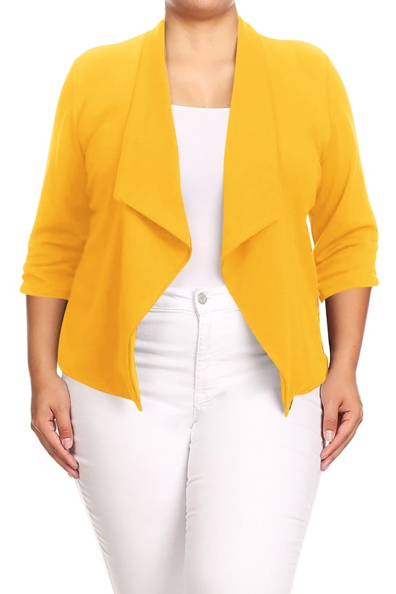Moa Collection Women's Chic Plus Size Office Blazer – Rolled Up 3/4 Sleeves Open Front