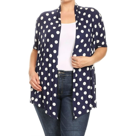 Moa Collection Women's Plus Size Short Sleeves Draped Neck Polka Dot Print Cardigan Made in USA, Female