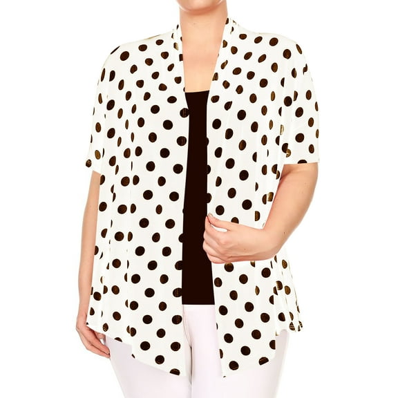 Moa Collection Women's Plus Size Short Sleeves Draped Neck Polka Dot Print Cardigan Made in USA, Female