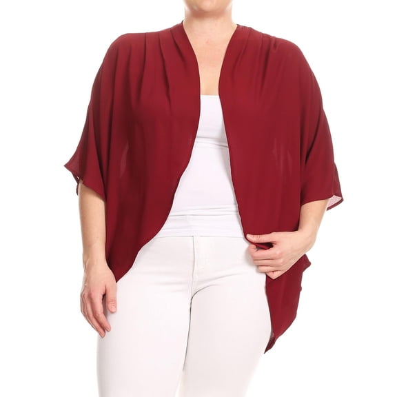 Moa Collection Women's Plus Size Solid Dolman Sleeve Draped Open Front Chiffon Cardigan/