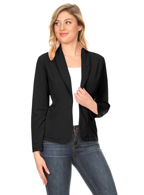 Moa Collection Women's Solid Casual Office Work Long Sleeve Open Front Blazer Jacket
