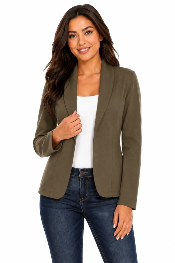 Women's Casual Office Work Long Sleeve Open Front Blazer Jacket Olive L