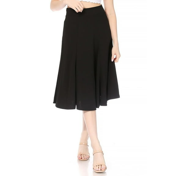 Moa Collection Women's Solid Flared Lightweight Elastic High Waist Long Midi A-line Skirt