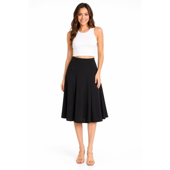 Moa Collection Women's Solid Flared Lightweight Elastic High Waist Long Midi A-line Skirt