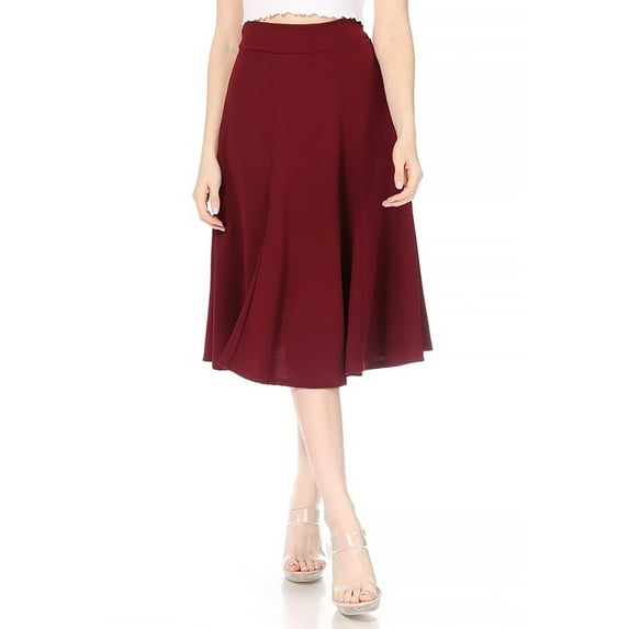 Moa Collection Women's Solid Flared Lightweight Elastic High Waist Long Midi A-line Skirt