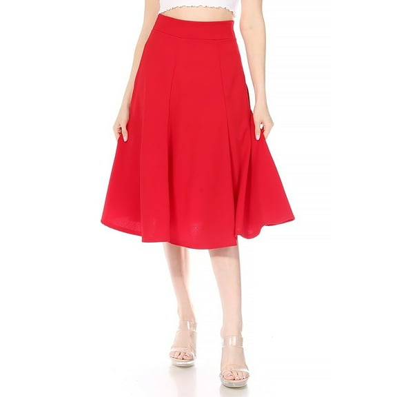 Moa Collection Women's Solid Flared Lightweight Elastic High Waist Long Midi A-line Skirt