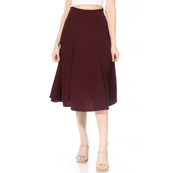 Women's Solid Flared Lightweight Elastic High Waist Midi A-line Skirt