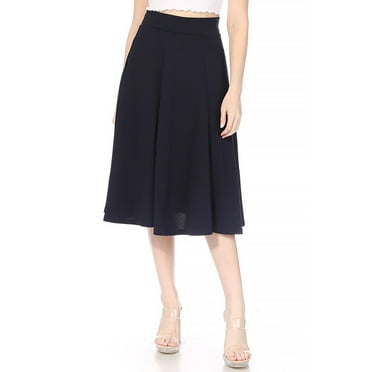 Women's Solid Flared Lightweight Elastic High Waist Midi A-line Skirt