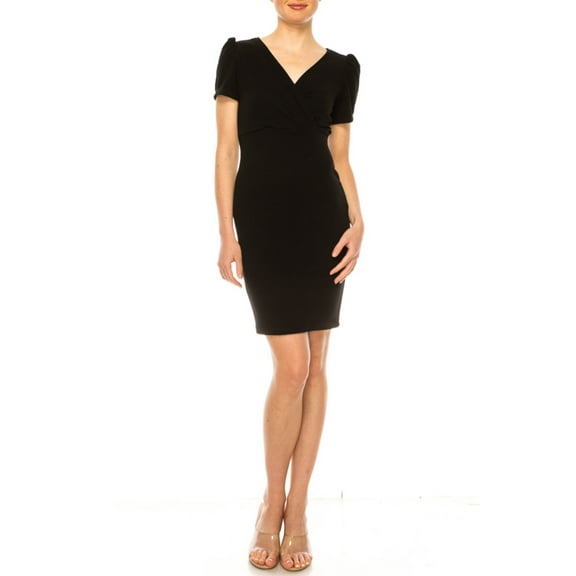 Moa Collection Women's Solid Sheath Dress with a Deep V-Neckline and Puff Sleeves