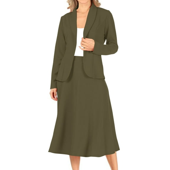 Moa Collection Women's Two Piece Set Solid Long Sleeve Casual Blazer Relaxed A-Line Midi Skirt