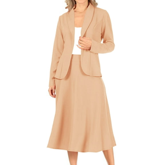 Moa Collection Women's Two Piece Set Solid Long Sleeve Casual Blazer Relaxed A-Line Midi Skirt