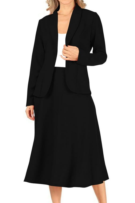 Moa Collection Women's Two Piece Set Solid Long Sleeve Casual Blazer Relaxed A-Line Midi Skirt