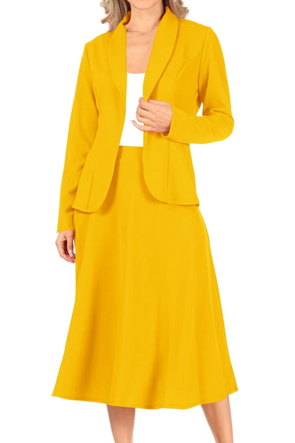 Moa Collection Women's Two Piece Set Solid Long Sleeve Casual Blazer Relaxed A-Line Midi Skirt