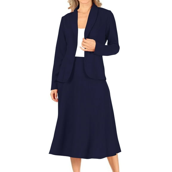 Moa Collection Women's Two Piece Set Solid Long Sleeve Casual Blazer Relaxed A-Line Midi Skirt
