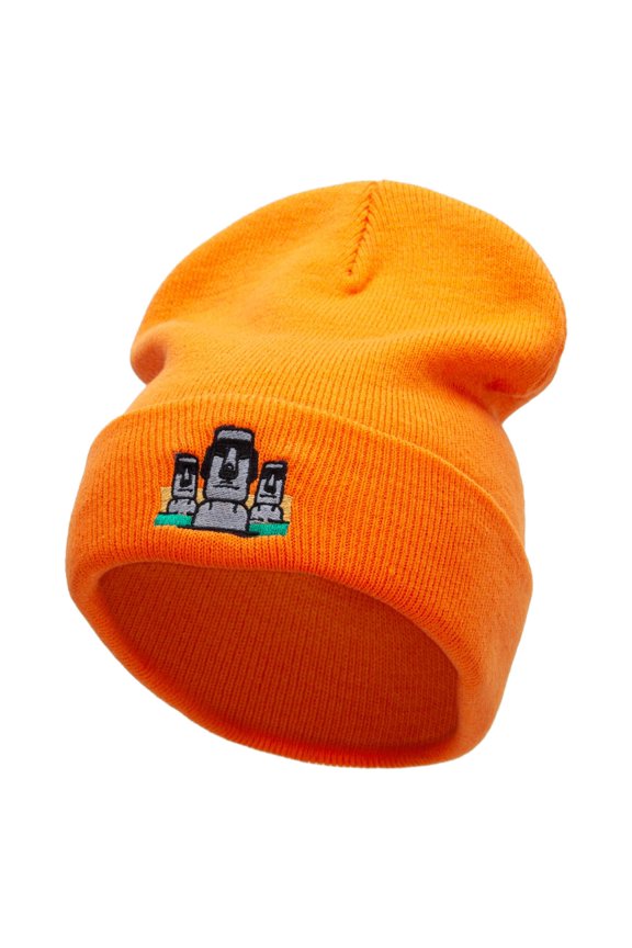 Moai Landmark Embroidered 12 Inch Long Knitted Beanie - Orange OSFM