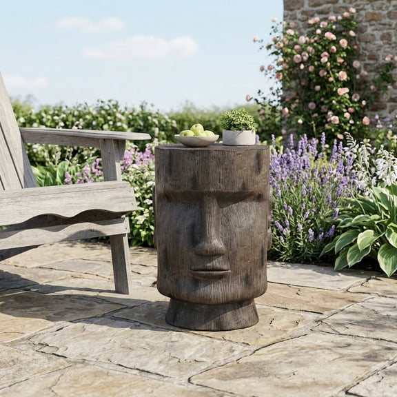 Moai Statue Pedestal End Table - Light Grey Magnesium Oxide Outdoor Side Stool