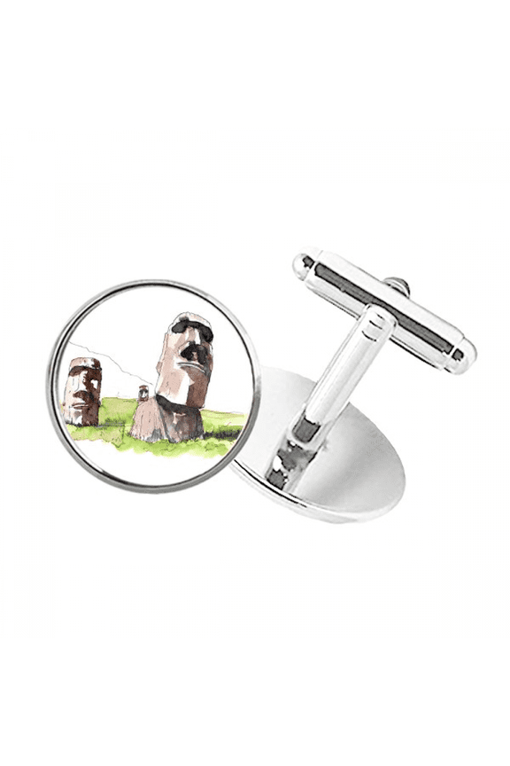 Moai Statues In Easter Island Round Button Cuff Clip Stud Cufflinks