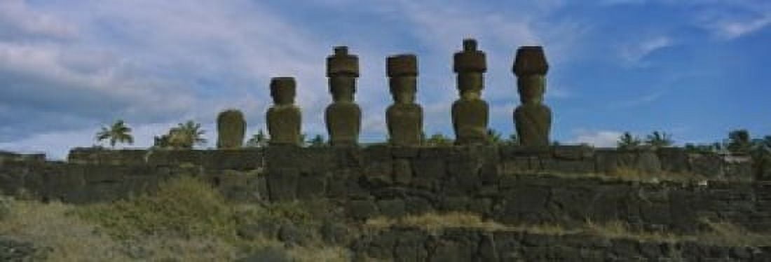 Moai statues in a row Rano Raraku Easter Island Chile Canvas Art - Panoramic Images (18 x 7)