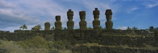 Moai statues in a row Rano Raraku Easter Island Chile Canvas Art - Panoramic Images (36 x 13)