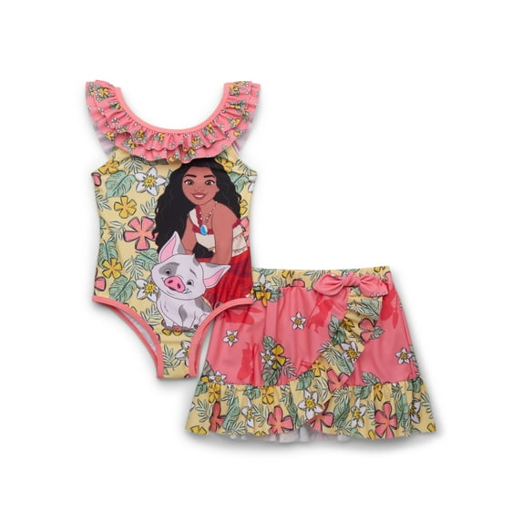 Moana 2 Toddler Girl Ruffle One- Piece Swimsuit and Sarong Set, 2-Piece, Sizes12M- 5T