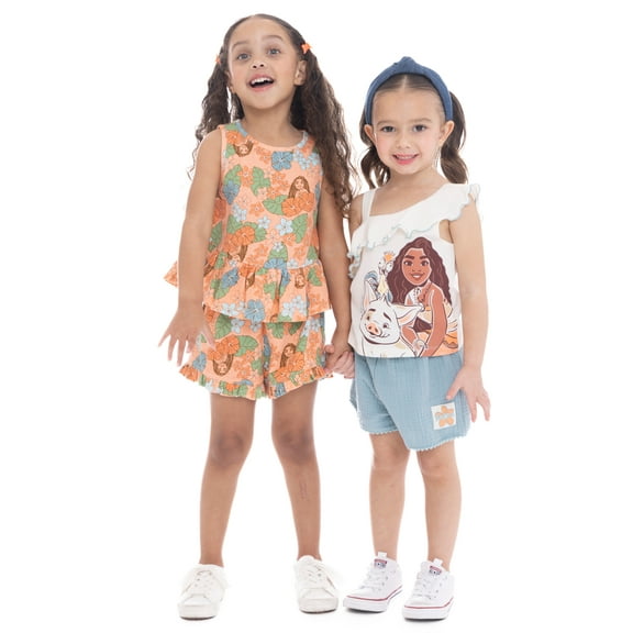 Moana 2 Toddler Girls Sleevless Ruffle Graphic Tank Top with Pom Pom Trim Shorts, 2-Piece Set, Sizes 12 Months-5T