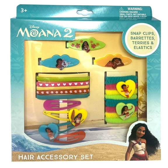 Moana 20pc Accessory Set in box- 4 snap clips, 3 barrettes, 8 terries, 5 elastics, girls, kid