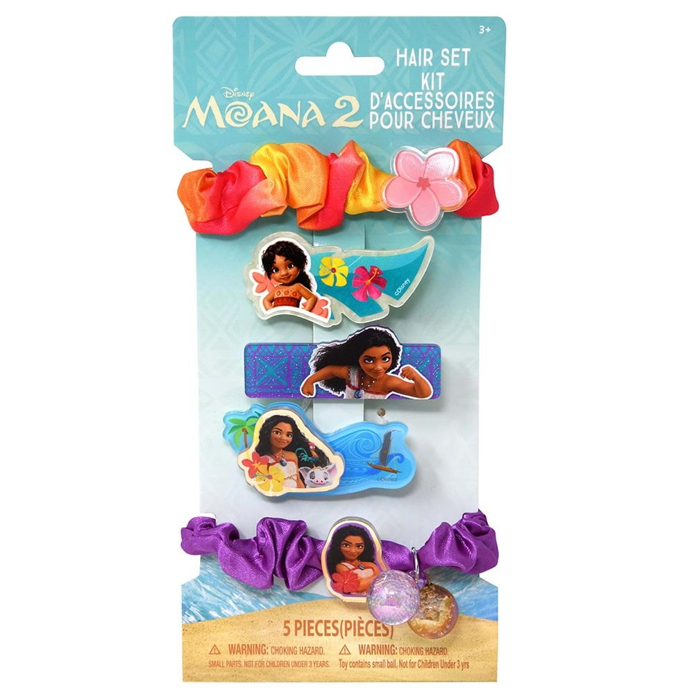 Vaiana (Moana) Haar-Accessoire-Set – 3 Haarspangen + 2 Scrunchies + Aufkleber, Offiziell Lizenziert