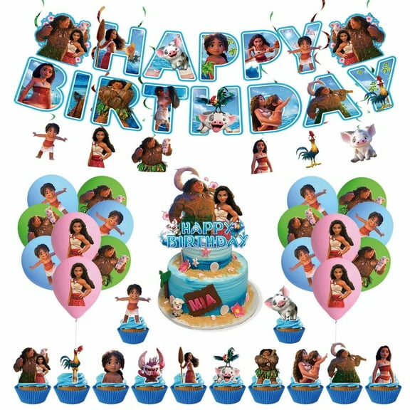 Moana Anime Cartoon Theme Party Decorations - Birthday Celebration Essentials with Balloons, Cake Toppers, Hanging Spinners & Banner Flags